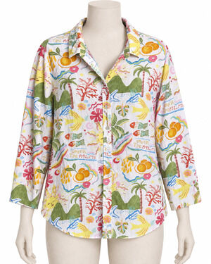 Vintage Calypso Shirt Women XL Linen Blend All Over Print Beachy Tropical Travel